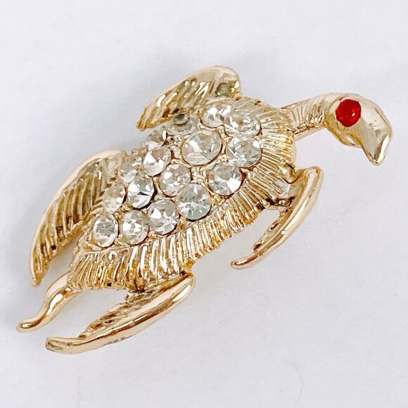 Vintage Gold Tone Turtle Brooch Rhinestone Shell Red Eye Pin 1960s Sparkling - Picture 3 of 9